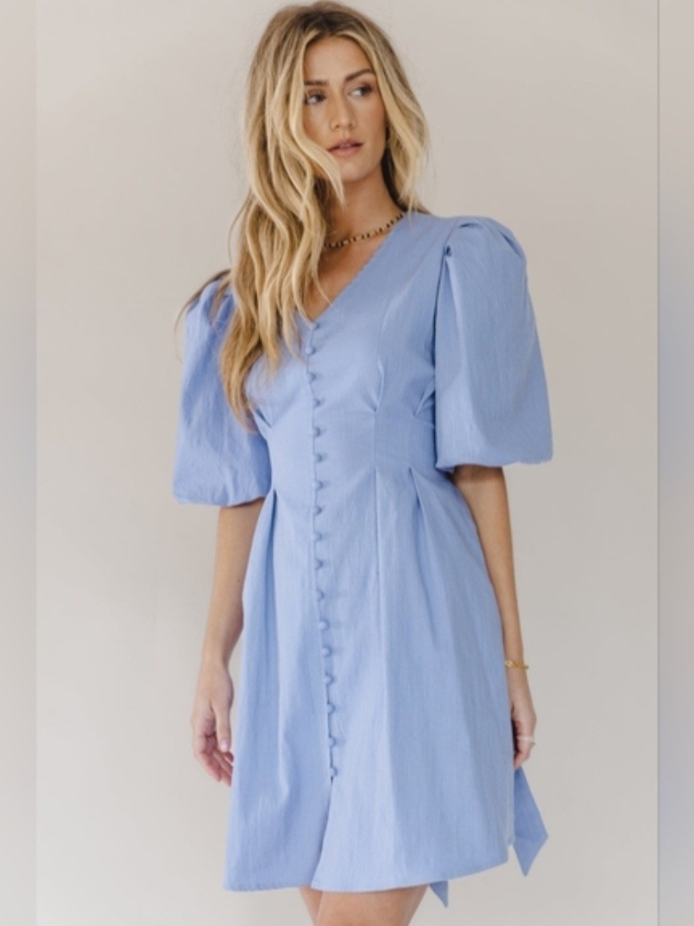Light Blue V-Neck Puff Sleeve Dress